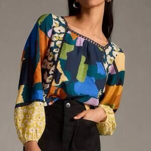 Maeve 2X Colorful Floral Geometric Printed Blouse